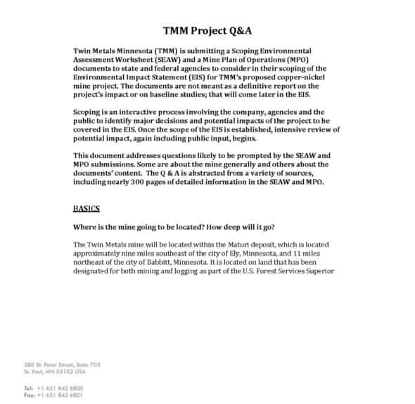 Twin Metals Minnesota Project Q&A