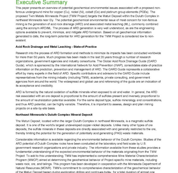 Twin Metals Minnesota Acid Rock Drainage White Paper Executive Summary